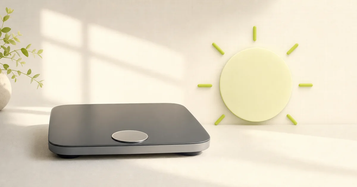 A weight scale illuminated by soft morning light beside a simple sun-shaped clock