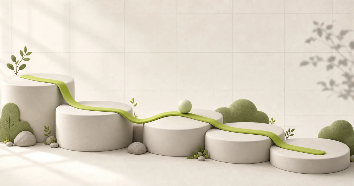 A gently descending green path crossing a series of calm rounded platforms